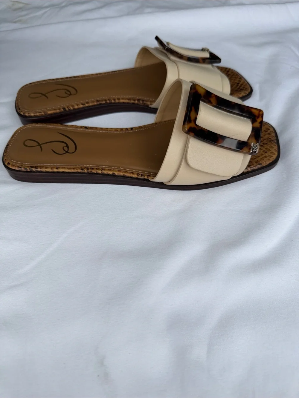 Sam Edelman Cream Slide Sandals with Tortoiseshell Buckle - Picture 2 of 7